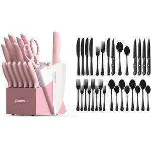Astercook Knife Set with Block and Sharpener 15 Pcs and 24-Piece Black Silverware Set with Steak Knives Flatware Set for 4 Astercook Knife Set with Block and Sharpener 15 Pcs and 24-Piece Black Silverware Set with Steak Knives Flatware Set for 4