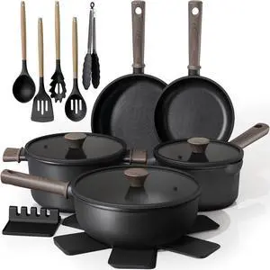 Astercook 18-Piece Pots and Pans Set, Black Titanium Induction Nonstick Cookware Set, Oven Safe to 480°F, Induction Compatible & Dishwasher Safe, Kitchen Cooking Set for RV Trips, Camping and Picnic Astercook 18-Piece Pots and Pans Set, Black Titanium Induction Nonstick Cookware Set, Oven Safe to 480°F, Induction Compatible & Dishwasher Safe, Kitchen Cooking Set for RV Trips, Camping and Picnic