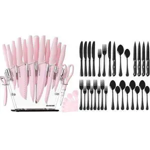 Astercook Knife Set with Block and Sharpener 22 Pcs and 24-Piece Black Silverware Set with Steak Knives Flatware Set for 4 Astercook Knife Set with Block and Sharpener 22 Pcs and 24-Piece Black Silverware Set with Steak Knives Flatware Set for 4