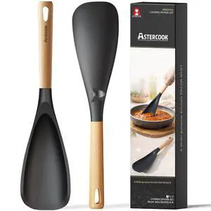 Astercook 2 Pack Silicone Cooking Spoons for Nonstick Cookware, Heat Resistant BPA-Free Spatula Spoon Set with Wood Handle & Built-in Spoon Rest, Kitchen Utensils for Stirring, Scooping, Serving Astercook 2 Pack Silicone Cooking Spoons for Nonstick Cookware, Heat Resistant BPA-Free Spatula Spoon Set with Wood Handle & Built-in Spoon Rest, Kitchen Utensils for Stirring, Scooping, Serving