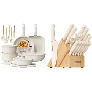 Astercook 23 Pcs Pots and Pans Non Stick Ceramic Cookware Set, and 15 Pcs Kitchen Knife Set with Sharpener Block, Anti-Rust Coating, Cream White Astercook 23 Pcs Pots and Pans Non Stick Ceramic Cookware Set, and 15 Pcs Kitchen Knife Set with Sharpener Block, Anti-Rust Coating, Cream White