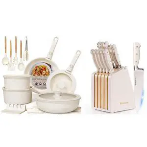 Astercook 21 Pcs Pots and Pans Set Non Stick and 12-Piece Full Tang Kitchen Knife Set with Block and Sharpener Astercook 21 Pcs Pots and Pans Set Non Stick and 12-Piece Full Tang Kitchen Knife Set with Block and Sharpener