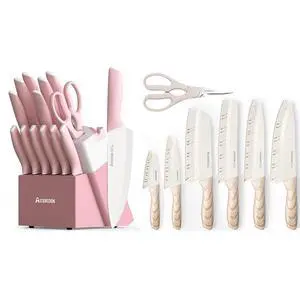 Astercook 15 Pcs Knife Set with Block and Sharpener Ceramic Coating 13 Pieces Kitchen Knives Set with 6 Blade Guards Astercook 15 Pcs Knife Set with Block and Sharpener Ceramic Coating 13 Pieces Kitchen Knives Set with 6 Blade Guards
