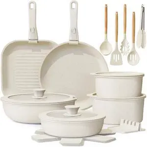 Ceramic Cookware Set with Detachable Handles, 22-Piece Non-Stick Pots and Pans, Stackable Kitchen Set, Cream White Ceramic Cookware Set with Detachable Handles, 22-Piece Non-Stick Pots and Pans, Stackable Kitchen Set, Cream White
