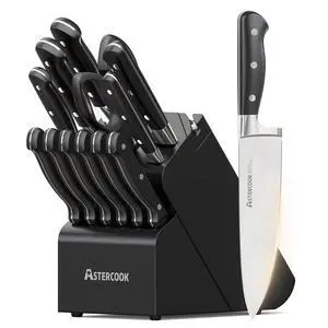 Astercook 14-Piece Knife Set with Block and Built-in Sharpener, Professional Full-Tang Kitchen Knife Set, Sleek Black Design for Modern Kitchens and Housewarming Gifts Astercook 14-Piece Knife Set with Block and Built-in Sharpener, Professional Full-Tang Kitchen Knife Set, Sleek Black Design for Modern Kitchens and Housewarming Gifts