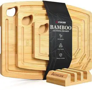 Astercook 4-Piece Bamboo Cutting Board Set with Holder, Natural Wood Cutting Boards with Juice Grooves and Easy-Grip Handles, Kitchen Chopping Boards for Prep and Serving Astercook 4-Piece Bamboo Cutting Board Set with Holder, Natural Wood Cutting Boards with Juice Grooves and Easy-Grip Handles, Kitchen Chopping Boards for Prep and Serving
