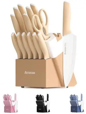 Astercook Knife Set, 14 Pieces Kitchen Knives Set with Healthy Anti-Rust Coating, Stainless Steel Knife Sets with Built-in Sharpener, Sharp & Rust Resistant Dishwasher Safe Morandi Yellow Astercook Knife Set, 14 Pieces Kitchen Knives Set with Healthy Anti-Rust Coating, Stainless Steel Knife Sets with Built-in Sharpener, Sharp & Rust Resistant Dishwasher Safe Morandi Yellow