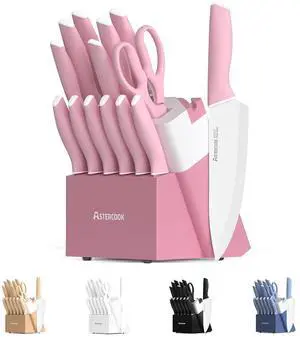Astercook Knife Set, 14 Pieces Kitchen Knives Set with Healthy Anti-Rust Coating, Stainless Steel Knife Sets with Built-in Sharpener, Sharp & Rust Resistant Dishwasher Safe Pink Astercook Knife Set, 14 Pieces Kitchen Knives Set with Healthy Anti-Rust Coating, Stainless Steel Knife Sets with Built-in Sharpener, Sharp & Rust Resistant Dishwasher Safe Pink