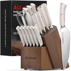 Astercook Kitchen Knife Sets,15-Piece Full Tang Knife Set with Block,German Stainless Steel Knives Sets for Cutting and Cooking,Dishwasher Safe White Astercook Kitchen Knife Sets,15-Piece Full Tang Knife Set with Block,German Stainless Steel Knives Sets for Cutting and Cooking,Dishwasher Safe White