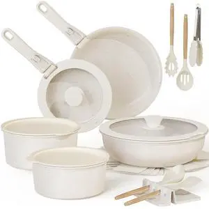 Astercook 20 Piece Pots and Pans Set Non Stick, Cookware Set with Detachable Handle, Oven Safe, Induction Ready, Stackable RV Kitchen Cooking Set Removable Handles, Cream White Astercook 20 Piece Pots and Pans Set Non Stick, Cookware Set with Detachable Handle, Oven Safe, Induction Ready, Stackable RV Kitchen Cooking Set Removable Handles, Cream White