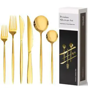Astercook 25-Pieces Gold Silverware Set with Steak Knives for 4 - Great Food-Grade Stainless Steel Flatware Set, Mirror-polished Cutlery Utensil Sets, Ideal for Home Restaurant & Banquet Use, Gold Astercook 25-Pieces Gold Silverware Set with Steak Knives for 4 - Great Food-Grade Stainless Steel Flatware Set, Mirror-polished Cutlery Utensil Sets, Ideal for Home Restaurant & Banquet Use, Gold