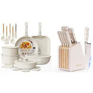 Astercook 23 Pcs Pots and Pans Set Non Stick and 12-Piece Full Tang Kitchen Knife Set with Block and Sharpener Astercook 23 Pcs Pots and Pans Set Non Stick and 12-Piece Full Tang Kitchen Knife Set with Block and Sharpener