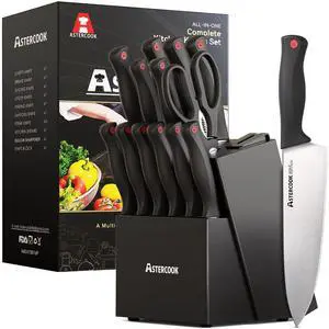 Astercook Knife set, 14-Piece Kitchen Knife Set with Built-in Sharpener, High Carbon German Stainless Steel Knives Block Sets, Ultra Sharp & Rust Resistant, Dishwasher Safe Astercook Knife set, 14-Piece Kitchen Knife Set with Built-in Sharpener, High Carbon German Stainless Steel Knives Block Sets, Ultra Sharp & Rust Resistant, Dishwasher Safe