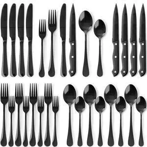 Astercook 25-Pieces Black Silverware Set with Steak Knives, Black Flatware Set for 4, Food-Grade 410 Stainless Steel Tableware Cutlery Set, Eating Mirror Polished Utensil Set for Home Restaurant Astercook 25-Pieces Black Silverware Set with Steak Knives, Black Flatware Set for 4, Food-Grade 410 Stainless Steel Tableware Cutlery Set, Eating Mirror Polished Utensil Set for Home Restaurant