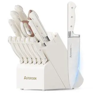 Astercook 14-Piece Knife Set with Block and Built-in Sharpener, Professional Full-Tang Kitchen Knife Set, Elegant Cream White Design for for Modern Kitchens and Housewarming Gifts Astercook 14-Piece Knife Set with Block and Built-in Sharpener, Professional Full-Tang Kitchen Knife Set, Elegant Cream White Design for for Modern Kitchens and Housewarming Gifts