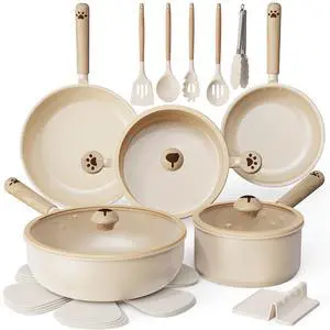 Astercook 17-Piece Ceramic Cookware Set with Dog Paw Wooden Handles, Nonstick Pots and Pans Set for Home & Camping, Induction Compatible and Dishwasher Safe, Grate Gift for Pet Lovers & Families Astercook 17-Piece Ceramic Cookware Set with Dog Paw Wooden Handles, Nonstick Pots and Pans Set for Home & Camping, Induction Compatible and Dishwasher Safe, Grate Gift for Pet Lovers & Families
