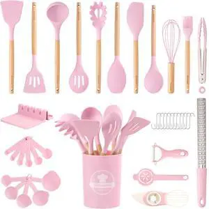Astercook Silicone Cooking Utensils Set, 38 PCS Kitchen Utensils Set for 446°F Heat Resistant, Food Grade Utensil Sets with Wooden Handle, Kitchen Gadgets for Nonstick Cookware BPA Free (Pink) Astercook Silicone Cooking Utensils Set, 38 PCS Kitchen Utensils Set for 446°F Heat Resistant, Food Grade Utensil Sets with Wooden Handle, Kitchen Gadgets for Nonstick Cookware BPA Free (Pink)