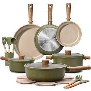 CAROTE 21pcs Ceramic Cookware Set, Pots and Pans Set, Green | Non-Toxic Healthy Kitchen Cooking Set, Easy Clean, Even Heating, Fit All Stovetops, with Silicone Lids, PFAS FREE CAROTE 21pcs Ceramic Cookware Set, Pots and Pans Set, Green | Non-Toxic Healthy Kitchen Cooking Set, Easy Clean, Even Heating, Fit All Stovetops, with Silicone Lids, PFAS FREE
