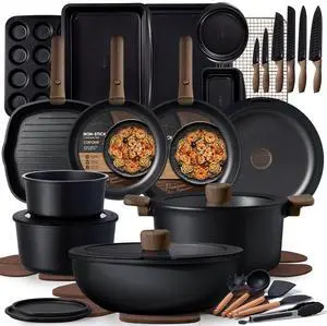 CAROTE 47pcs Pots and Pans Set Non Stick, Detachable Handle Cookware Set | Baking Pans Set, Knife Set, Induction Compatible, Dishwasher & Oven Safe, Space Saving, Camping Cooking, Kitchen Set, Black CAROTE 47pcs Pots and Pans Set Non Stick, Detachable Handle Cookware Set | Baking Pans Set, Knife Set, Induction Compatible, Dishwasher & Oven Safe, Space Saving, Camping Cooking, Kitchen Set, Black