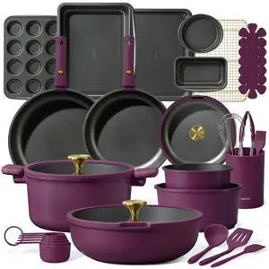 CAROTE 32pcs Pots and Pans Set Non Stick, Detachable Handle Cookware Sets | Bakeware and Kitchen Gadgets, Space Saving, Dishwasher & Oven Safe, Non-Toxic, for Camping/RV/Traveling, Purple CAROTE 32pcs Pots and Pans Set Non Stick, Detachable Handle Cookware Sets | Bakeware and Kitchen Gadgets, Space Saving, Dishwasher & Oven Safe, Non-Toxic, for Camping/RV/Traveling, Purple