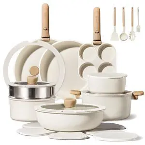 CAROTE 26pcs Pots and Pans Set Non Stick, Cookware Set Detachable Handle | Induction Compatible, Dishwasher & Oven Safe, Space Saving, Camping Cooking Set, Kitchen Set, Cream White CAROTE 26pcs Pots and Pans Set Non Stick, Cookware Set Detachable Handle | Induction Compatible, Dishwasher & Oven Safe, Space Saving, Camping Cooking Set, Kitchen Set, Cream White