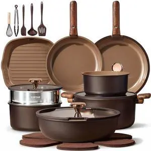 CAROTE 24pcs Pots and Pans Set Cookware Set with Detachable Handle Chocolate CAROTE 24pcs Pots and Pans Set Cookware Set with Detachable Handle Chocolate