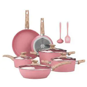 Kitchen Academy Induction Pots and Pans Set Non Stick, 12Pcs Pink Cookware | Even heating, easy to clean granite. Healthy kitchen cooking pans and pots set. 100% PFOA & PFAS free Kitchen Academy Induction Pots and Pans Set Non Stick, 12Pcs Pink Cookware | Even heating, easy to clean granite. Healthy kitchen cooking pans and pots set. 100% PFOA & PFAS free