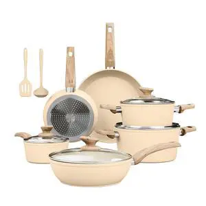 Kitchen Academy Beige Pots and Pans Set Non Stick, 12Pcs Induction Cookware | Granite Nonstick Cookware Sets. Healthy kitchen cooking pan and pot. Even heating, easy to clean.100% PFOA & PFAS free. Kitchen Academy Beige Pots and Pans Set Non Stick, 12Pcs Induction Cookware | Granite Nonstick Cookware Sets. Healthy kitchen cooking pan and pot. Even heating, easy to clean.100% PFOA & PFAS free.