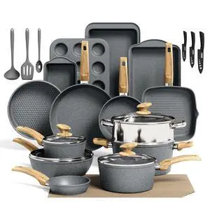 Kitchen Academy 30 Piece Induction Cookware & Bakeware Set | Non Toxic Pots and Pans Set Non Stick, Grey Granite Cooking Pans Set, PFOA & PFAS Free Kitchen Academy 30 Piece Induction Cookware & Bakeware Set | Non Toxic Pots and Pans Set Non Stick, Grey Granite Cooking Pans Set, PFOA & PFAS Free