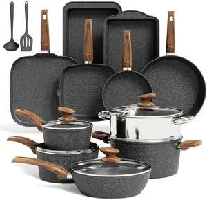 Kitchen Academy Induction Cookware Set Non Stick, 17Pcs Granite Pots & Pans | Nonstick Cooking Frying Pans for Induction Gas Electric Stove, Non-Toxic PFOA & PFOS Free, Black Kitchen Academy Induction Cookware Set Non Stick, 17Pcs Granite Pots & Pans | Nonstick Cooking Frying Pans for Induction Gas Electric Stove, Non-Toxic PFOA & PFOS Free, Black