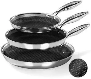 Kitchen Academy Tri-Ply Hybrid Snowflake Stainless Steel Frying Pans Set | 3-Piece Nonstick 8", 10" & 12" Skillets, Stay-Cool Handles, Induction, Dishwasher & Oven Safe Cookware, PFAS Free Kitchen Academy Tri-Ply Hybrid Snowflake Stainless Steel Frying Pans Set | 3-Piece Nonstick 8", 10" & 12" Skillets, Stay-Cool Handles, Induction, Dishwasher & Oven Safe Cookware, PFAS Free