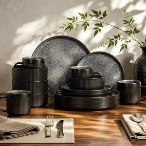 Kitchen Academy Fluted Ceramic Dinnerware Sets for 4, 16Pcs Stoneware Plates and Bowls Sets Non Toxic, Black Dishes Set, Oven & Microwave & Dishwasher Safe Kitchen Academy Fluted Ceramic Dinnerware Sets for 4, 16Pcs Stoneware Plates and Bowls Sets Non Toxic, Black Dishes Set, Oven & Microwave & Dishwasher Safe