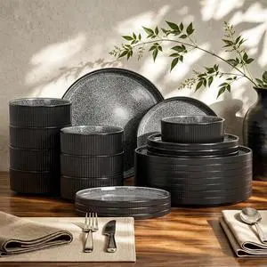 Kitchen Academy 24Pcs Stoneware Dinnerware Sets for 8, Black | Non Toxic Ceramic Plates and Bowls Set, Scratch Resistant Dinner Set, Oven & Microwave & Dishwasher Safe Kitchen Academy 24Pcs Stoneware Dinnerware Sets for 8, Black | Non Toxic Ceramic Plates and Bowls Set, Scratch Resistant Dinner Set, Oven & Microwave & Dishwasher Safe