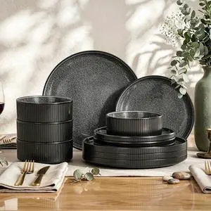 Kitchen Academy Stoneware Dinnerware Set for 4, Ribbed Plates and Bowls | Black Fluted, 12 Pieces Ceramic Non Toxic Dishes Sets, Oven & Microwave & Dishwasher Safe Kitchen Academy Stoneware Dinnerware Set for 4, Ribbed Plates and Bowls | Black Fluted, 12 Pieces Ceramic Non Toxic Dishes Sets, Oven & Microwave & Dishwasher Safe