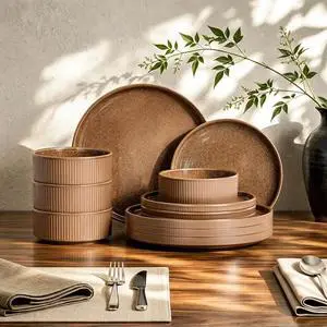 Kitchen Academy 12-Piece Stoneware Dinnerware Sets for 4, Brown Fluted | Handmade Reactive Glaze Plates and Bowls, Scratch Resistant Dish Set, Oven Microwave Dishwasher Safe Kitchen Academy 12-Piece Stoneware Dinnerware Sets for 4, Brown Fluted | Handmade Reactive Glaze Plates and Bowls, Scratch Resistant Dish Set, Oven Microwave Dishwasher Safe