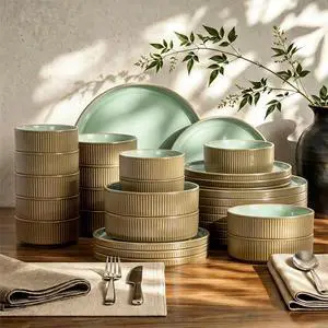Kitchen Academy Fluted Ceramic Dinnerware Sets for 8, 32Pcs Non Toxic Stoneware Plates and Bowls, Scratch Resistant Dish, Oven & Microwave & Dishwasher Safe, Green Kitchen Academy Fluted Ceramic Dinnerware Sets for 8, 32Pcs Non Toxic Stoneware Plates and Bowls, Scratch Resistant Dish, Oven & Microwave & Dishwasher Safe, Green