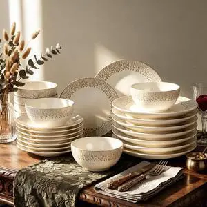 Kitchen Academy 24-Piece Stoneware Embossed Dinnerware Sets for 8, Beige | Ceramic Dish Set,Handmade Reactive Glaze Plates and Bowls, Oven & Dishwasher & Microwave Safe Kitchen Academy 24-Piece Stoneware Embossed Dinnerware Sets for 8, Beige | Ceramic Dish Set,Handmade Reactive Glaze Plates and Bowls, Oven & Dishwasher & Microwave Safe