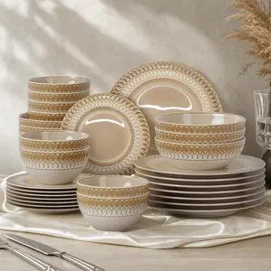 Kitchen Academy 32pcs Stoneware Dinnerware Set for 8, Brown | Ceramic Plates and Bowls Sets with Embossed Design, Kitchen Dish Set, Oven, Microwave & Dishwasher Safe Kitchen Academy 32pcs Stoneware Dinnerware Set for 8, Brown | Ceramic Plates and Bowls Sets with Embossed Design, Kitchen Dish Set, Oven, Microwave & Dishwasher Safe