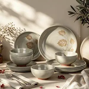 12Pcs Boho Leaf Stoneware Dinnerware Set for 4, Plates & Bowls | Kitchen Academy green tableware. Microwave, dishwasher & oven safe. Durable chip resistant scratchproof everyday cooking. 12Pcs Boho Leaf Stoneware Dinnerware Set for 4, Plates & Bowls | Kitchen Academy green tableware. Microwave, dishwasher & oven safe. Durable chip resistant scratchproof everyday cooking.