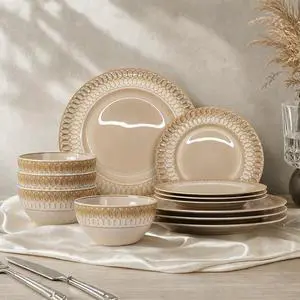 Kitchen Academy 12-Piece Brown Embossed Stoneware Dinnerware Set, for 4 | Plates and Bowls Set, Non-Toxic Ceramic Dish Set, Microwave & Dishwasher Safe, Scratch Resistant Kitchen Dishes Kitchen Academy 12-Piece Brown Embossed Stoneware Dinnerware Set, for 4 | Plates and Bowls Set, Non-Toxic Ceramic Dish Set, Microwave & Dishwasher Safe, Scratch Resistant Kitchen Dishes