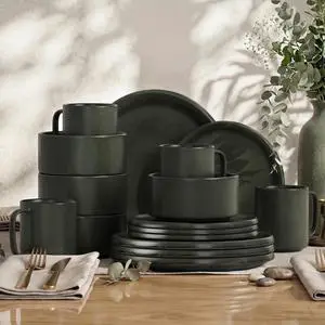 Kitchen Academy 16-Piece Stoneware Plates and Bowls With Mugs Set for 4 | Matte Black, Ceramic Non Toxic Dinnerware Sets, Scratch Resistant Handmade Dish Set, Oven & Microwave & Dishwasher Safe Kitchen Academy 16-Piece Stoneware Plates and Bowls With Mugs Set for 4 | Matte Black, Ceramic Non Toxic Dinnerware Sets, Scratch Resistant Handmade Dish Set, Oven & Microwave & Dishwasher Safe