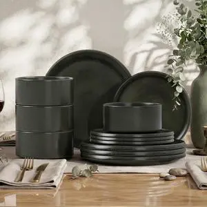 Kitchen Academy 12-Piece Stoneware Dinnerware Set for 4, Matte Black | Ceramic Plates and Bowls, Scratch Resistant, Handmade, Oven & Microwave & Dishwasher Safe Kitchen Academy 12-Piece Stoneware Dinnerware Set for 4, Matte Black | Ceramic Plates and Bowls, Scratch Resistant, Handmade, Oven & Microwave & Dishwasher Safe