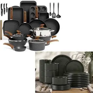 Kitchen Academy 30Pcs Bakeware & Cookware Set + 24 Pcs Stoneware Dinnerware Sets for 8 Kitchen Academy 30Pcs Bakeware & Cookware Set + 24 Pcs Stoneware Dinnerware Sets for 8