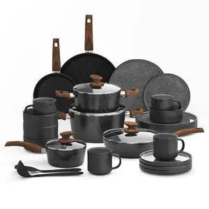 Kitchen Academy 12Pcs Granite Cookware Set + 16 Pcs Stoneware Dinnerware Sets for 4 Kitchen Academy 12Pcs Granite Cookware Set + 16 Pcs Stoneware Dinnerware Sets for 4
