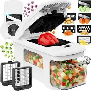 Fullstar Pro XL Vegetable Chopper & Mandoline Slicer w Pull-Out Catch Tray | 8 in 1 Veggie, Onion & Fruit Slicer, Dicer & Grater with Sharp Stainless Steel Blades - XL Food Prep Set (White) Fullstar Pro XL Vegetable Chopper & Mandoline Slicer w Pull-Out Catch Tray | 8 in 1 Veggie, Onion & Fruit Slicer, Dicer & Grater with Sharp Stainless Steel Blades - XL Food Prep Set (White)