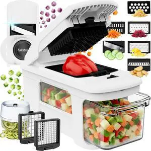 Fullstar Pro XL Vegetable Chopper & Mandoline Slicer w Pull-Out Catch Tray | 11 in 1 Veggie, Onion & Fruit Slicer, Dicer & Grater with Sharp Stainless Steel Blades - XL Food Prep Set ((White) Fullstar Pro XL Vegetable Chopper & Mandoline Slicer w Pull-Out Catch Tray | 11 in 1 Veggie, Onion & Fruit Slicer, Dicer & Grater with Sharp Stainless Steel Blades - XL Food Prep Set ((White)