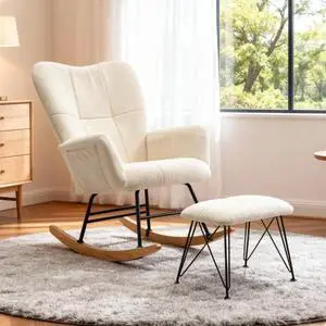 KEEZY Rocking Chair Nursery with Footrest,Upholstered Glider Rocker,Rocking Accent Chair with Padded Seat with High Backrest,Reading Chair,Armchair Comfy Side Chair for Living Room Bedroom (Beige) KEEZY Rocking Chair Nursery with Footrest,Upholstered Glider Rocker,Rocking Accent Chair with Padded Seat with High Backrest,Reading Chair,Armchair Comfy Side Chair for Living Room Bedroom (Beige)