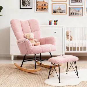 KEEZY Nursery Rocking Chair with Footrest Upholstered Glider Rocker Padded Seat with High Backrest Armchair Comfy Side Chair for Living Room Bedroom Pink Sherpa KEEZY Nursery Rocking Chair with Footrest Upholstered Glider Rocker Padded Seat with High Backrest Armchair Comfy Side Chair for Living Room Bedroom Pink Sherpa