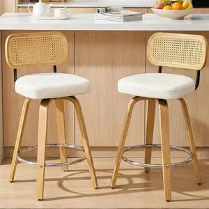 Natural Rattan Bar Stools Set of 2,Upholstered PU Leather, 26 Counter Height Barstools with Back and Wood Legs,360°Swivel,Mid-Century Modern Bar Stool for Kitchen Island Dining Room and Bar(White) Natural Rattan Bar Stools Set of 2,Upholstered PU Leather, 26 Counter Height Barstools with Back and Wood Legs,360°Swivel,Mid-Century Modern Bar Stool for Kitchen Island Dining Room and Bar(White)