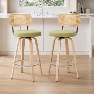 Rattan Bar Stools Set of 2,Upholstered PU Leather, 30''Counter Height Barstools with Back and Wood Legs,360°Swivel,Mid-Century Modern Bar Stool for Kitchen Island Dining Room and Bar(Grass Green) Rattan Bar Stools Set of 2,Upholstered PU Leather, 30''Counter Height Barstools with Back and Wood Legs,360°Swivel,Mid-Century Modern Bar Stool for Kitchen Island Dining Room and Bar(Grass Green)
